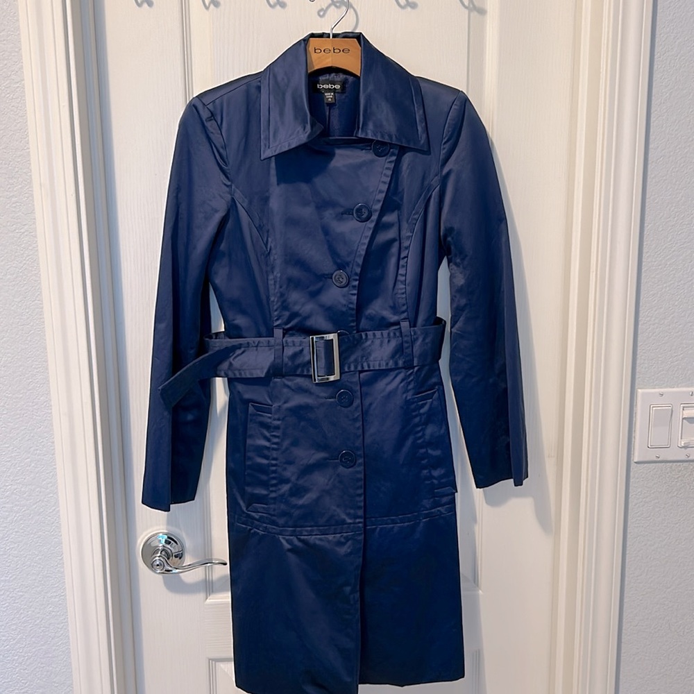 Bebe Satin Belted Trench Coat Cobalt Blue XS